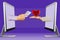 Electronic online dating concept, two hands from laptops. hand with cash money and heart. 3d illustration