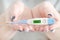 Electronic thermometer in a female hands. Normal temperature. Cl
