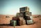 Electronic waste stacked in a desert landscape, ai generative
