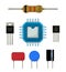 Electronics components icons set, cartoon set of resistor, ic, transistor, capacitor and voltage regulator.