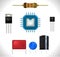 Electronics components icons set, realistic cartoon set of resistor, ic, transistor, capacitor and voltage regulator.