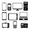 Electronics and devices related icon set. Mobile phones, laptop, tablet, monitor, computer, television, radio icons. Hardware vect