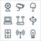 Electronics line icons. linear set. quality vector line set such as bulb, antenna, smartphone, data cable, wireless router, laptop