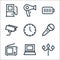 Electronics line icons. linear set. quality vector line set such as ceiling lamp, laptop, radio, microphone, clock, cctv, battery
