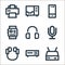 Electronics line icons. linear set. quality vector line set such as router, dvd, earphone, microphone, headset, smartwatch,