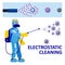 Electrostatic Disinfection Cleaning service. Man dressed in uniform in a special suit with equipment with electrostatic