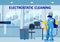 Electrostatic Disinfection Cleaning service. Man dressed in uniform in a special suit with equipment with electrostatic