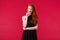 Elegance, fashion and woman concept. Portrait of seducative good-looking redhead woman in slim elegant black dress, red