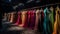 Elegance in a row: Multi colored garments hanging on coathangers generated by AI