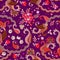 Elegance seamless pattern with ethnic paisley ornament and garden flowers on dark purple background