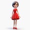 Elegant 3d Cartoon Girl In Red Dress - Full Body Character Design