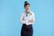 elegant air hostess woman on blue in uniform