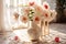 Elegant ambiance white podiums host vases with beautiful peonies