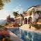 An elegant American Spanish-style villa with boasting beautiful terraces, colorful tiles, and a pristine infinity pool. Generative