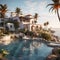 An elegant American Spanish-style villa with boasting beautiful terraces, colorful tiles, and a pristine infinity pool. Generative