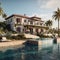 An elegant American Spanish-style villa with boasting beautiful terraces, colorful tiles, and a pristine infinity pool. Generative