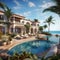 An elegant American Spanish-style villa with boasting beautiful terraces, colorful tiles, and a pristine infinity pool. Generative