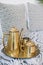 Elegant antique golden coffee set with coffee pot and sugar bowl and tray. antique golden coffee set.  morning tea. boho style