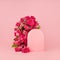 Elegant arch of fresh roses, blank rounded space as podium mockup on pink stage for presentation cosmetic products, square.