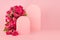 Elegant arch of fresh roses, blank rounded spaces as two podium mockup on pink stage for presentation cosmetic products.