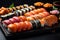 Elegant Array of Exquisite Sushi Rolls and Nigiri in a Dimly Lit Japanese Restaurant