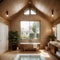 Elegant attic bathroom with stylish bathtub wooden floor and balcony door