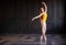 Elegant ballerina in pointe shoes in yellow leotard dancing in dark gray interior