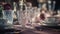 Elegant banquet table set with ornate crockery and wine glasses generated by AI