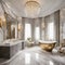 an elegant bathroom with double basins, marble walls, chandelier and large bath