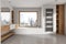 Elegant bathroom interior with washbasin, shelf with accessories and window