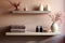 Elegant bathroom shelf with assorted items.