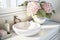 Elegant Bathroom Vanity with Pink Hydrangea in Morning Sunlight