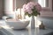 Elegant Bathroom Vanity with Pink Hydrangea in Morning Sunlight