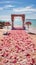 Elegant beach wedding adorned with romantic red and pink roses and petals