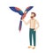 Elegant bearded man holding parrot. Male character and his smart bird or avian. Owner of exotic tropical pet bird