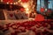 An elegant bedroom decorated for Valentine\\\'s Day, with red and white heart-shaped balloons