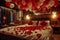 An elegant bedroom decorated for Valentine\\\'s Day, with red and white heart-shaped balloons