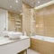 Elegant, beige bathroom with stylish washbasin