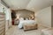Elegant beige bedroom interior with pale blue bedding