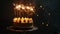 Elegant birthday cake with sparklers on a dark background. Copy space. Party invitation template. Generative AI