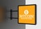 Elegant bitcoin accepted here signboard. 3D illustrating.