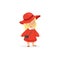 Elegant blonde little girl posing in red hat and dress, young lady dressed up in classic retro style vector Illustration