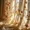 Elegant blooms dance on curtain in radiant sunlight ambiance