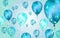 Elegant Blue Flying helium Balloons with Bokeh Effect and glitter. Wedding, Birthday and Anniversary Background. Vector