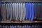 Elegant blue and gray suits in a store