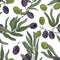Elegant botanical seamless pattern with olive tree branches with leaves, black and green ripe fruits or drupes on white