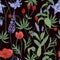 Elegant botanical seamless pattern with wild flowers and herbs on black background - field poppies, lupine, great burnet