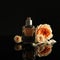 Elegant bottle of perfume and beautiful flowers on background