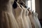 Elegant bridal dress on hangers celebration. Generate Ai