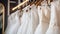 Elegant Bridal Dresses on Display in Boutique: Luxury Wedding Fashion. Generative ai